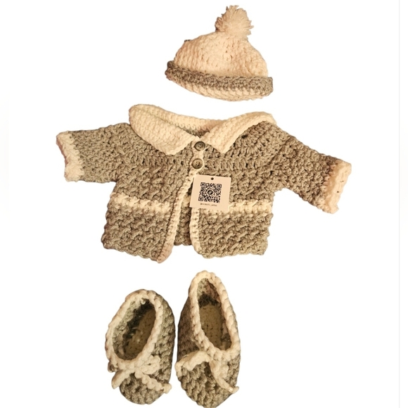 Hand Crafted Baby Sweater Hand Knit Crochet White Gray Botties Pom pom Hat 3-set - Picture 4 of 17